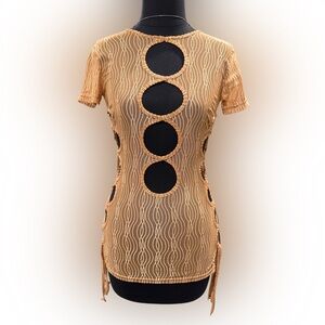 Music festival see through dress. Cutout Wave-Pattern Top in tan.